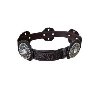 Nacoma Black Ladies Western Belt Medium Rhinestone Medallions Tooled Leather